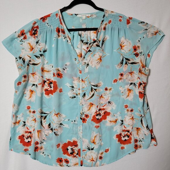 Fun2Fun Top Size 2XL Pull Over V Neck Short Sleeve Aqua Blue Floral - Picture 1 of 9